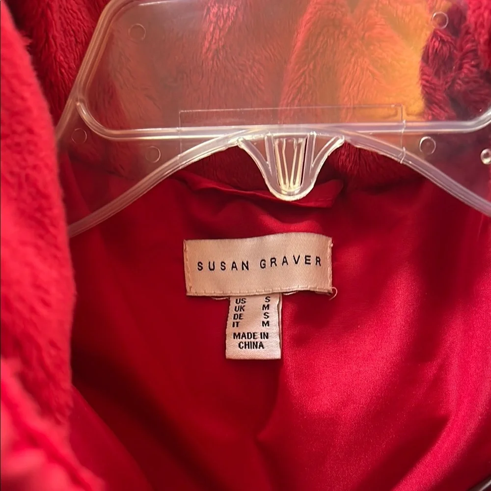 Susan Graver Red Puffer Coat with Faux Fur Hood - Picture 2 of 4